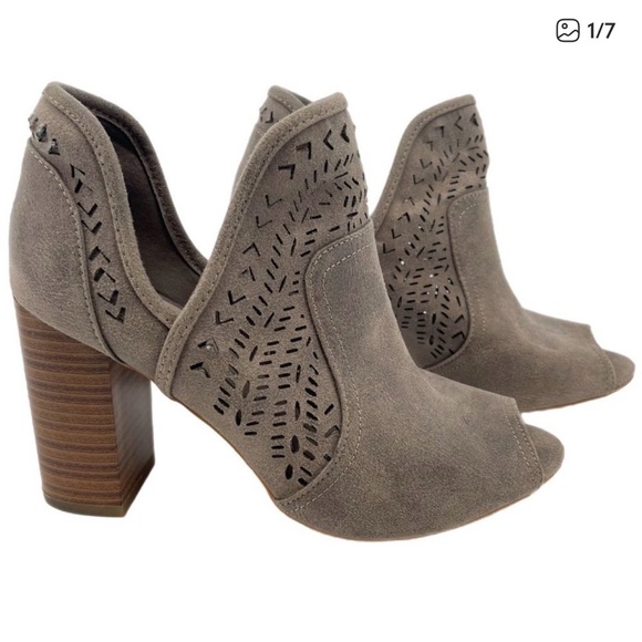 Fergalicious Women's Taupe Peep-Toe Heeled Booties - Picture 1 of 10